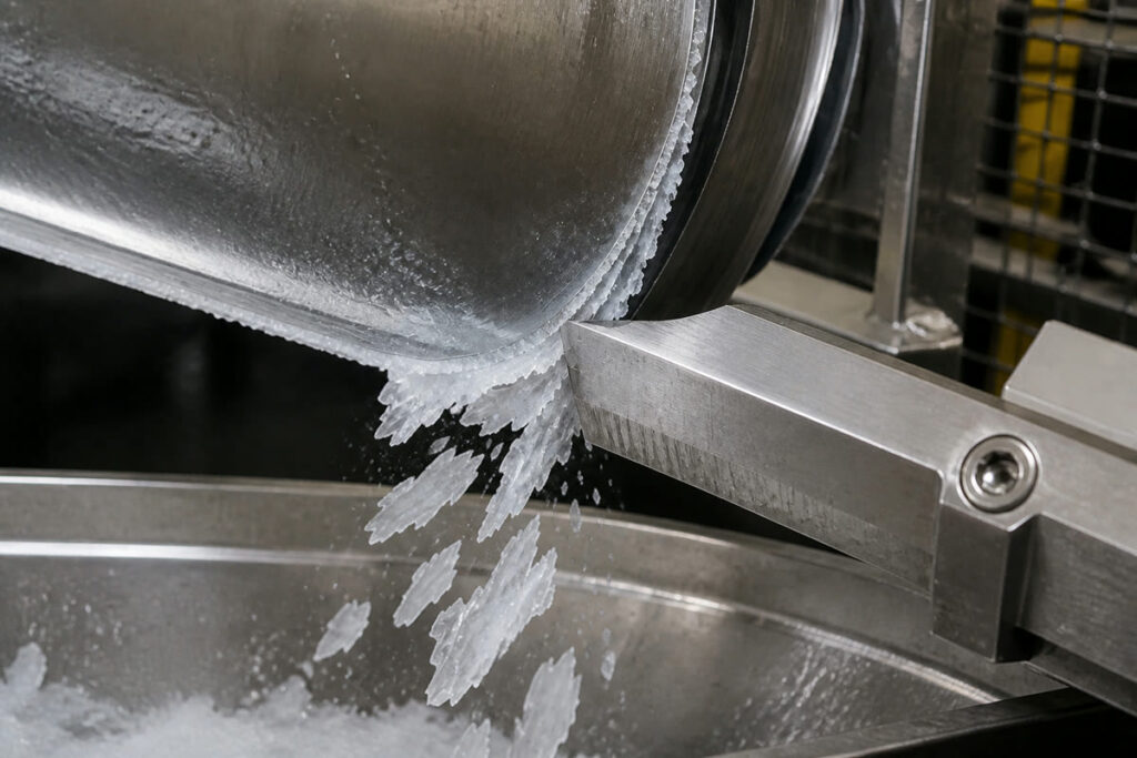 Scraper removing a flake ice layer
