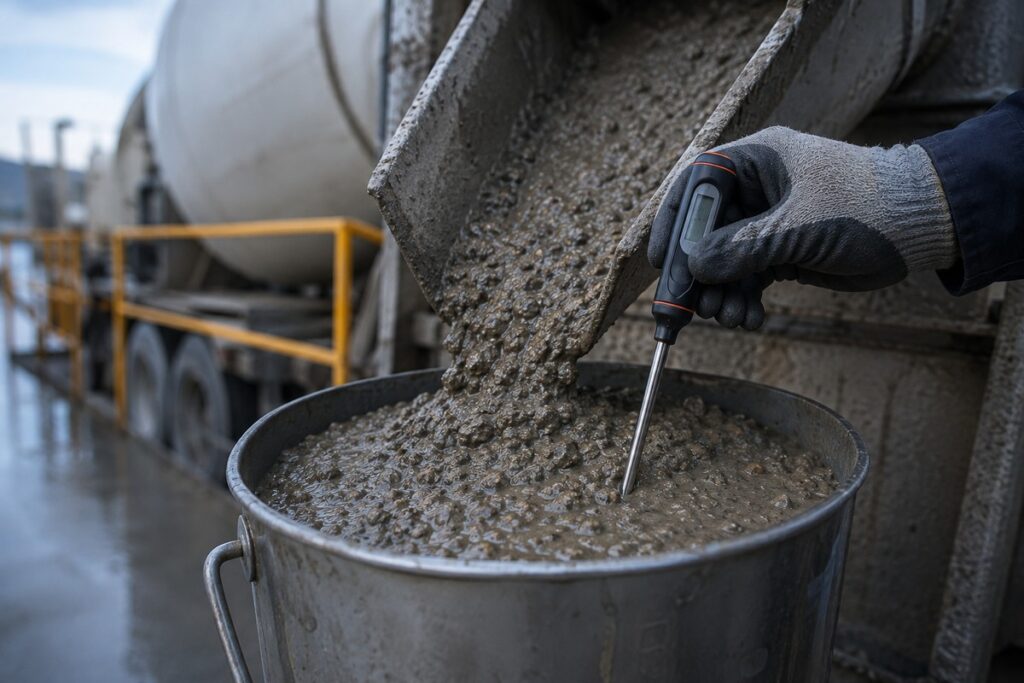 Fresh concrete temperature check at discharge