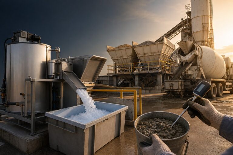 Flake ice for concrete batch plant cooling