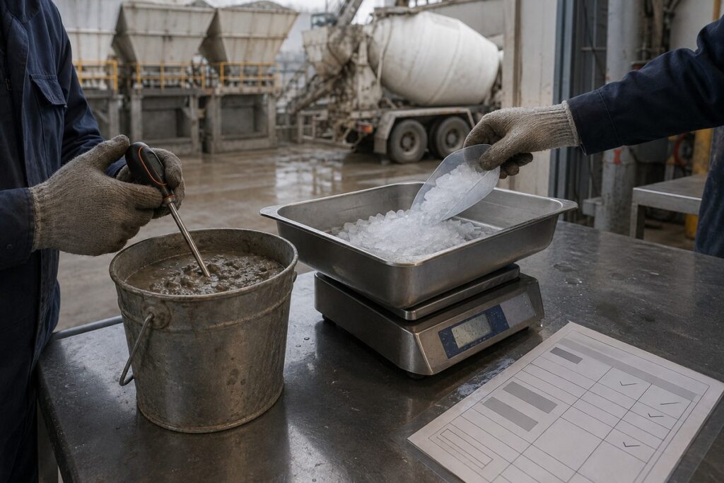 Concrete mix and flake ice dose check