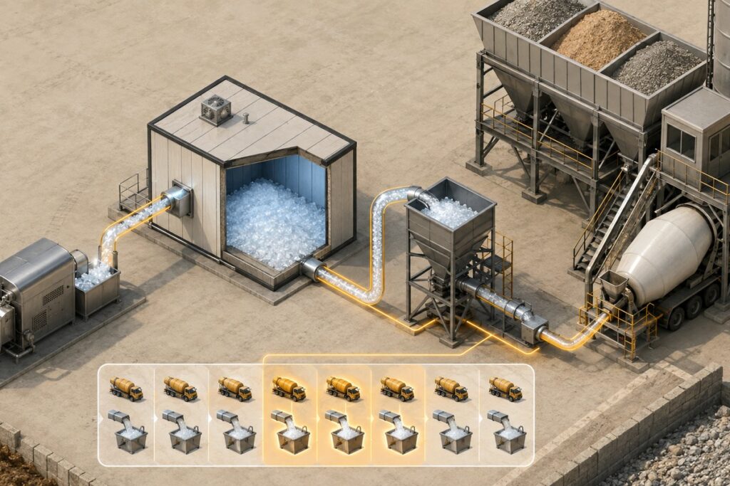 Peak flake ice delivery flow at a batch plant