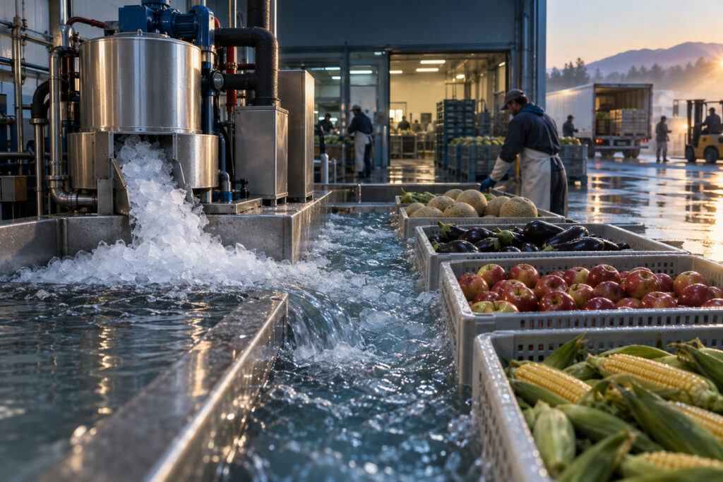 Ice-fed hydrocooling for produce pre-cooling