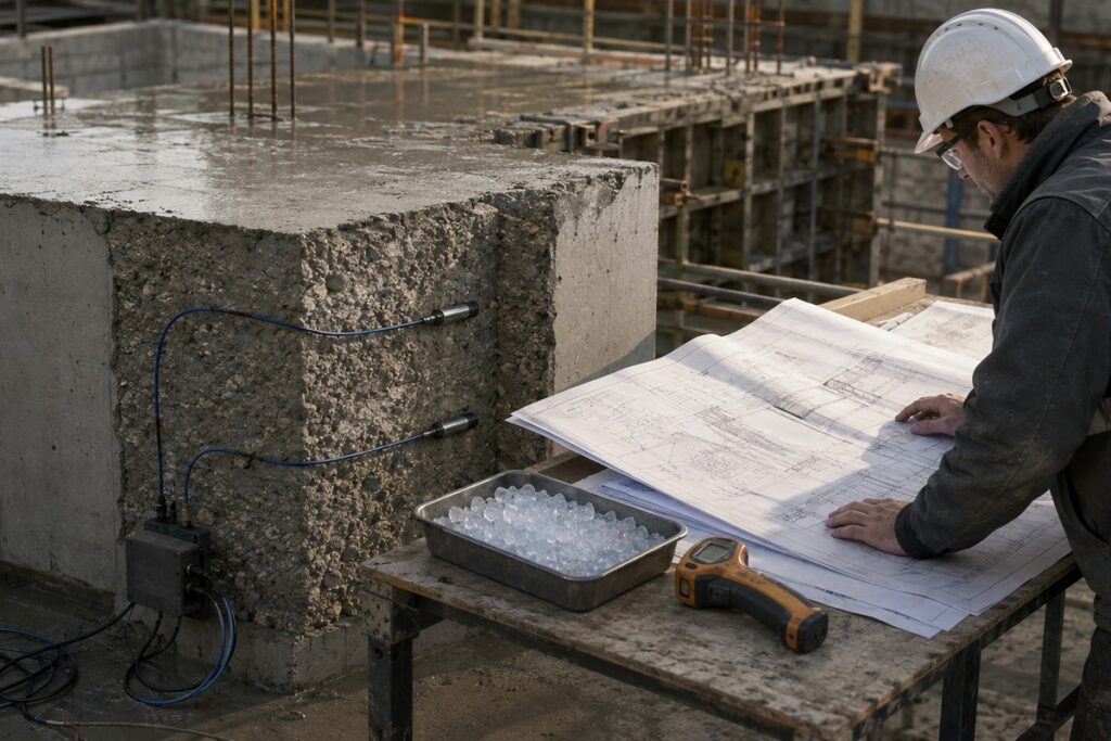 Mass concrete thermal review with flake ice