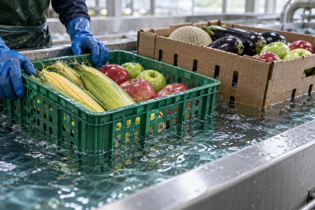Produce bins in a hydrocooling trough