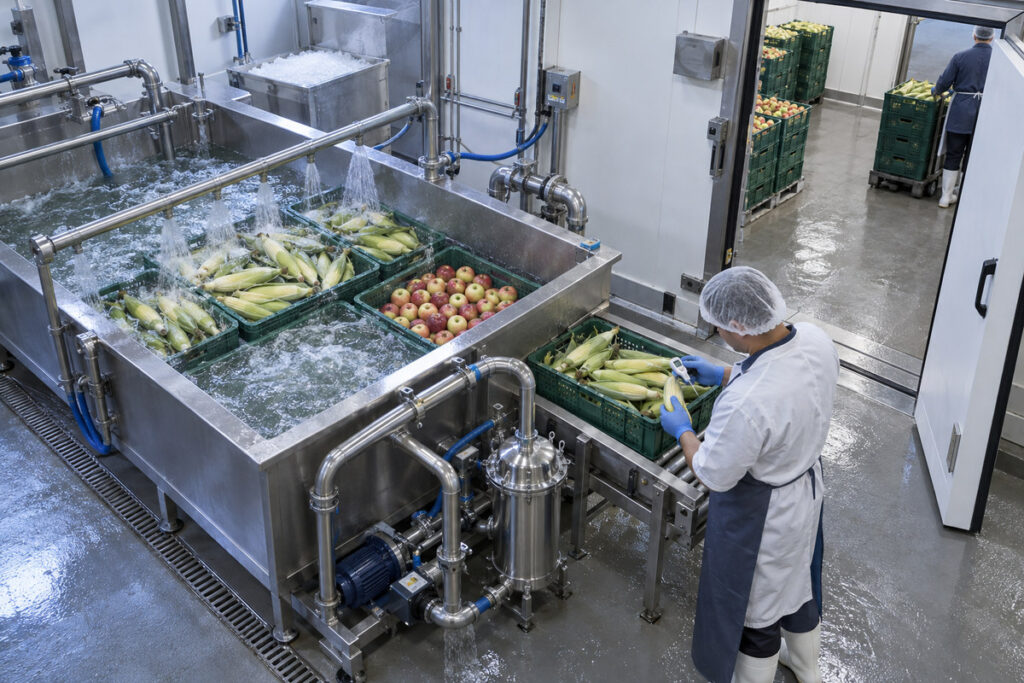 Sanitary hydrocooling water and cold storage