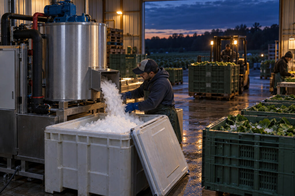 Seasonal flake ice load for hydrocooling