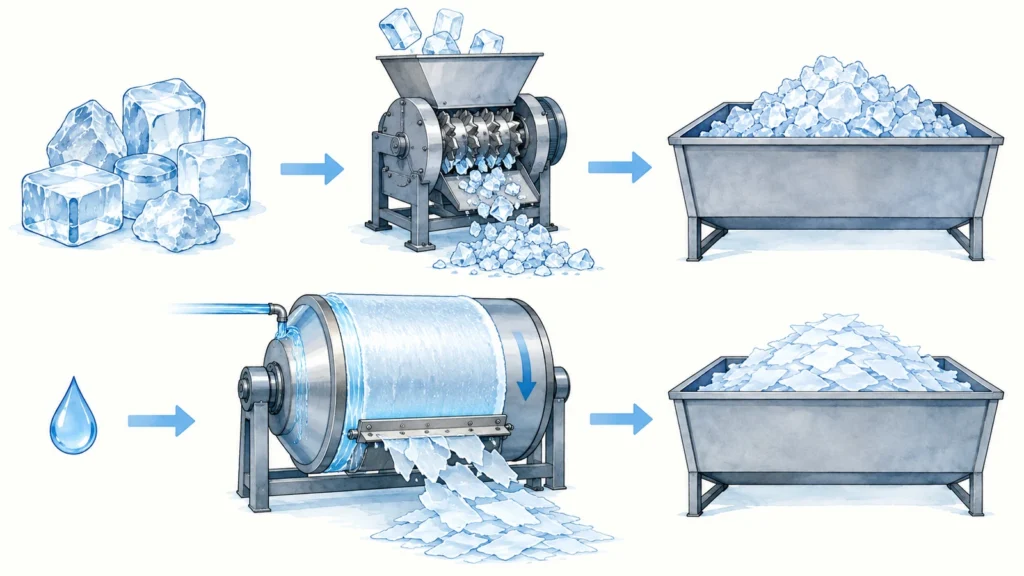 Proc&eacute;dure de production de glace concass&eacute;e et de glace en flocons