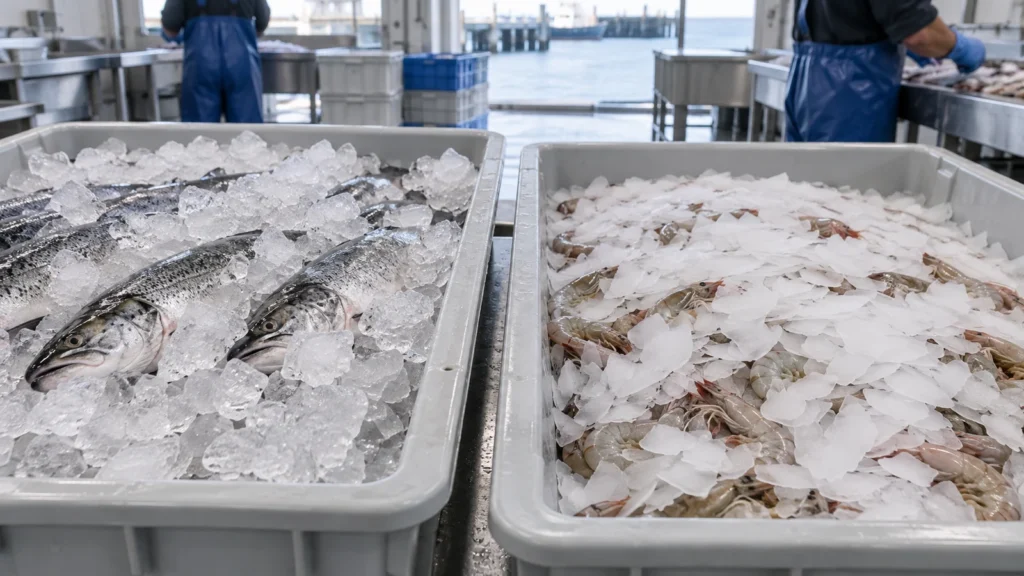 Seafood with crushed and flake ice