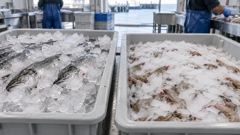 Seafood with crushed and flake ice