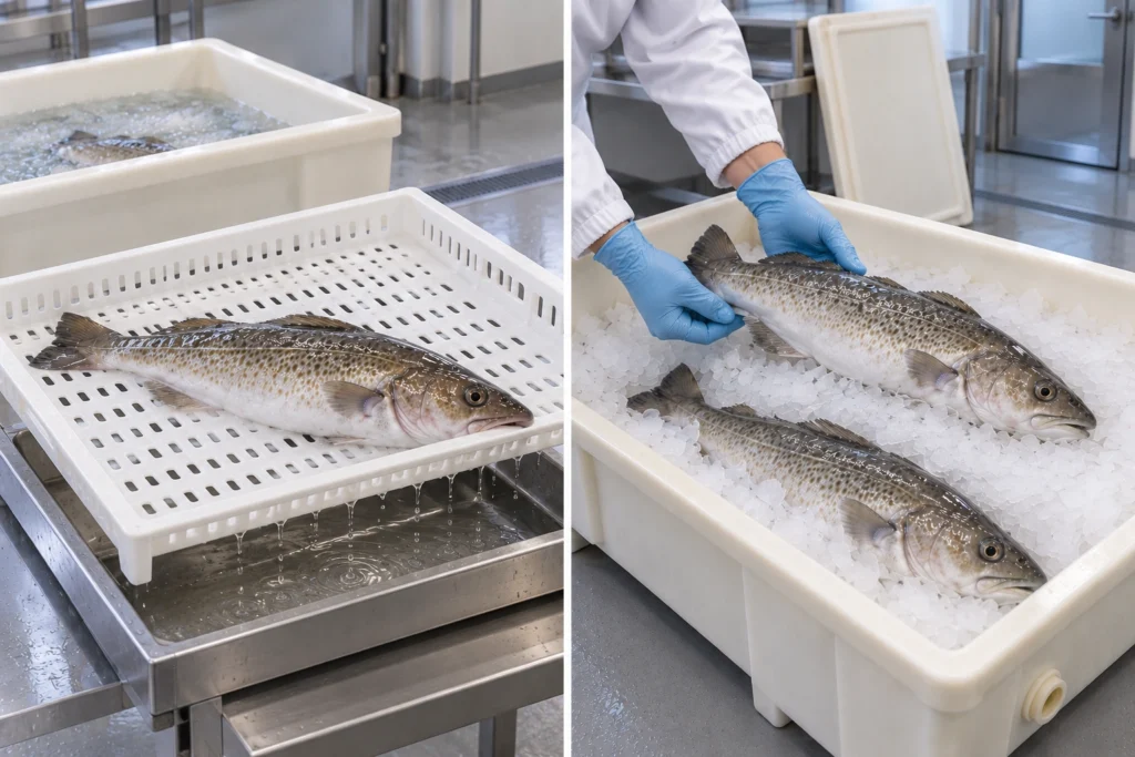 Fish Draining and Flake Ice Packing
