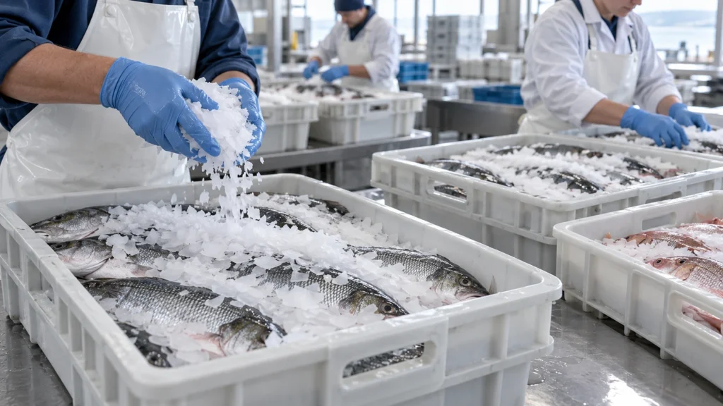 Conditionnement des produits de la mer &agrave; l&rsquo;aide de glace en flocons