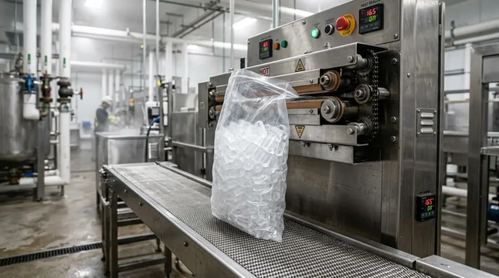 Continuous band ice bag sealer in an ice plant