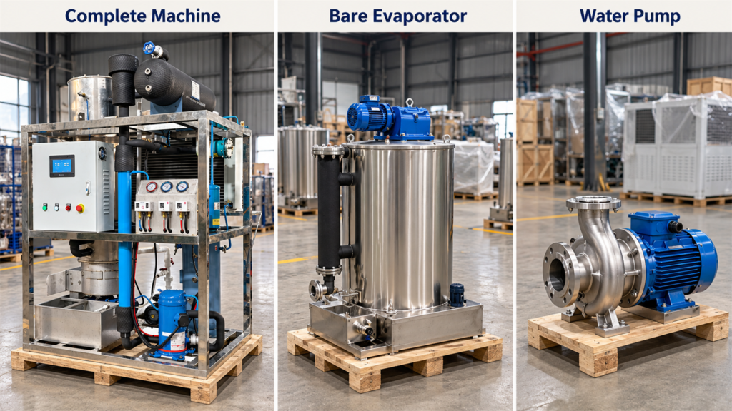 Complete Ice Machine, Bare Evaporator, and Water Pump