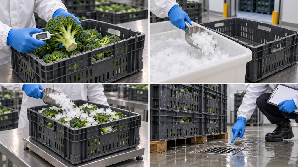 Checking Produce Temperature, Preparing Ice, Applying Ice, and Inspecting Drainage