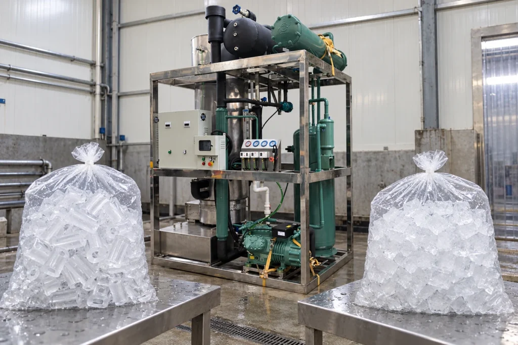 Tube and cube packaged ice